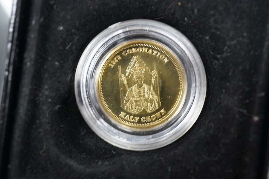 Gold coins, Elizabeth II;, Ascension Island, 1/5 sovereign, 2013, Tristan de Cunha, six gold half crowns (2009 x 4 and 2010 x 2), and a quarter sovereign, 2016, British virgin islands gold $3, 2013, Isle of Man gold 1/5